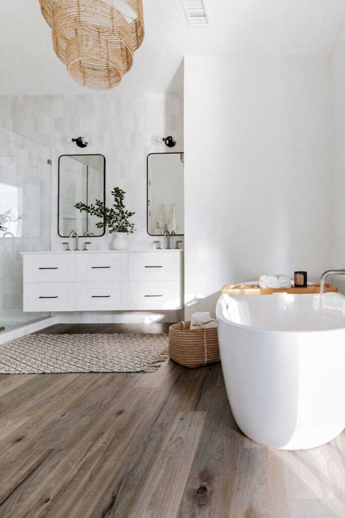 Floating Vanity with White Cabinets in Modern Master Bathroom