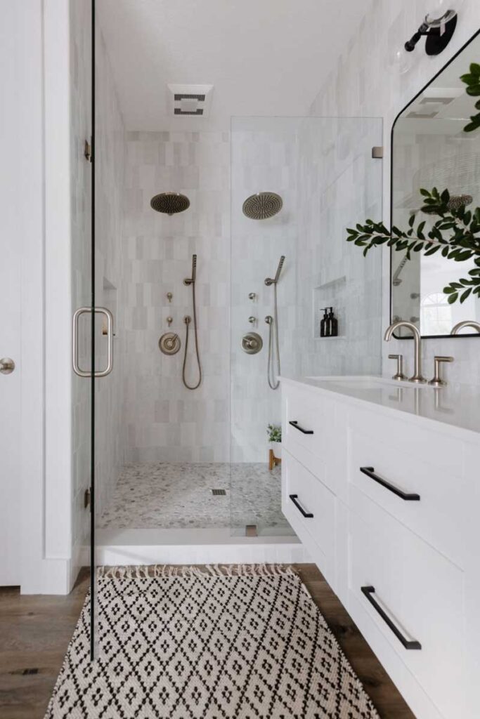 White Bathroom Vanity Cabinets with Black Hardware and White Counter