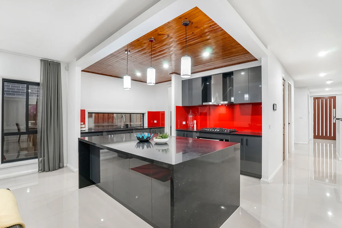 kitchen design with gray and red cabinets for modern style