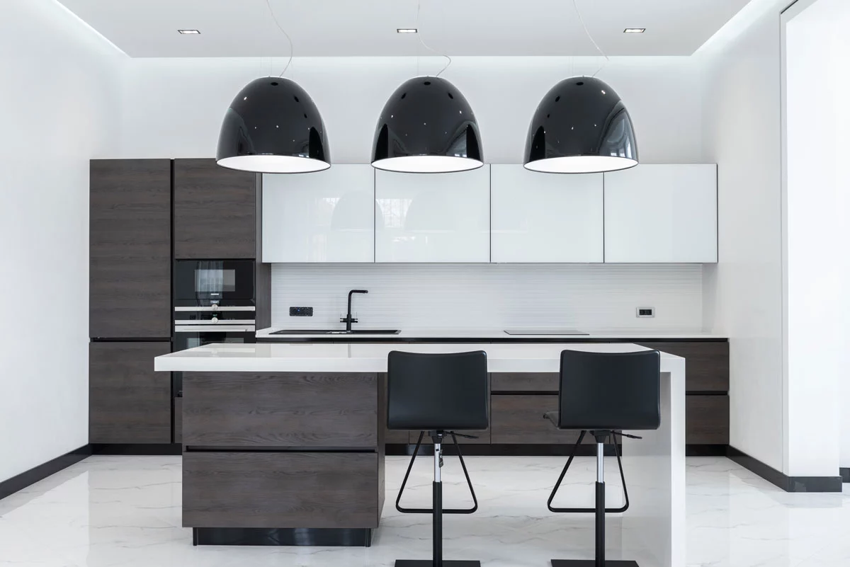 white gloss and gray wood cabinets for a modern style kitchen