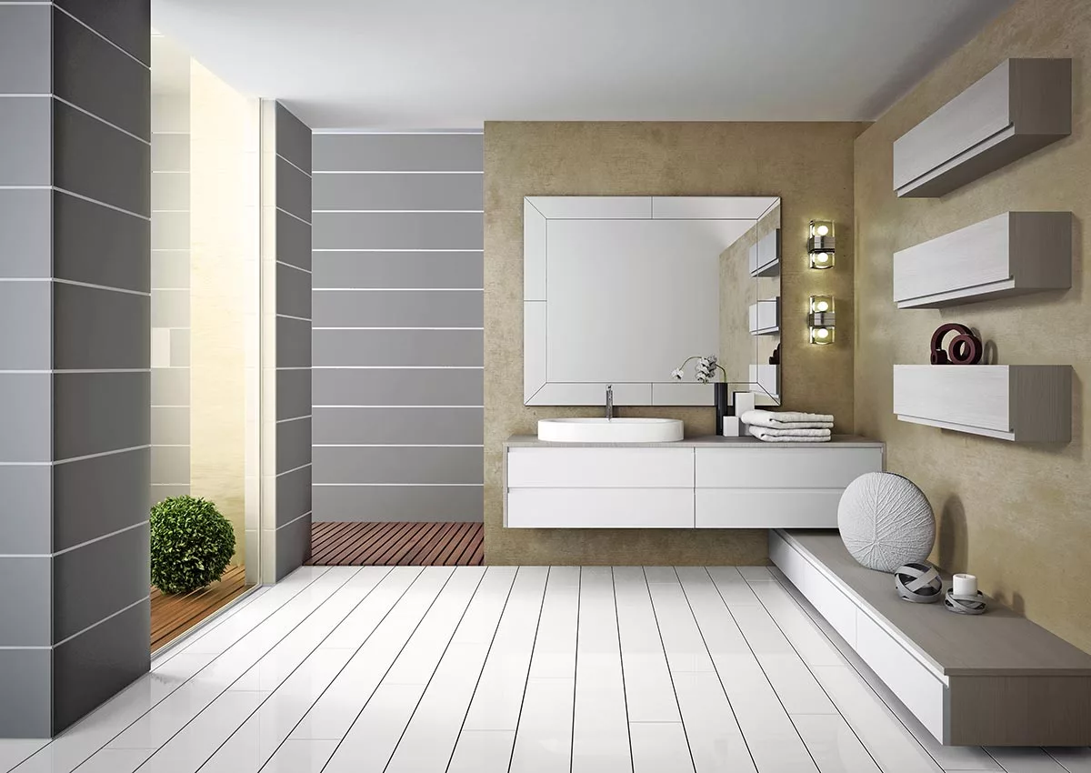 frameless cabinetry design textured bathroom