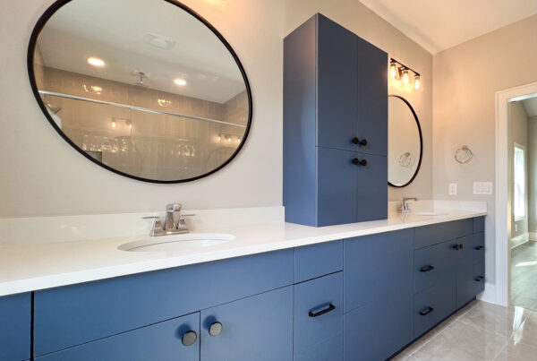 bathroom with deep blue cabinets