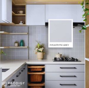 Modern kitchen with grey cabinets and minimalist design, featuring Folkstone Grey by Prodigy Cabinetry.