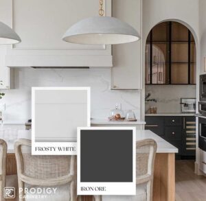 Elegant kitchen featuring Frosty White and Iron Ore finishes by Prodigy Cabinetry.