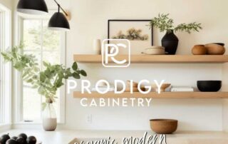 Modern kitchen with light wooden shelves, black accents, and greenery, featuring Prodigy Cabinetry's organic modern style