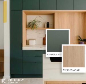 Kitchen with green cabinets and wooden accents, showcasing Verde Salvia and Vicenza Oak finishes by Prodigy Cabinetry